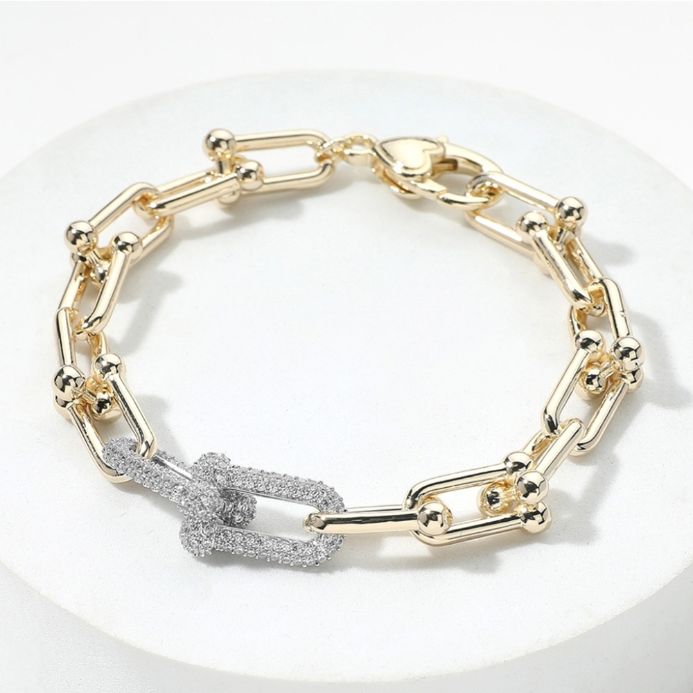 14K Gold Plated CZ Stone Crystal Hardware Link Chain Bracelet